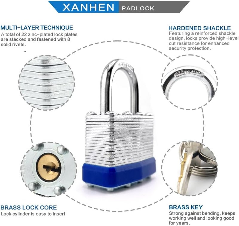 XanHen Keyed Alike Laminated Steel Keyed Padlocks with Normal Shackle, 6 Pack, for Hasp Latch, Sheds, Fences, Storage Locker, School, Gym - Image 3
